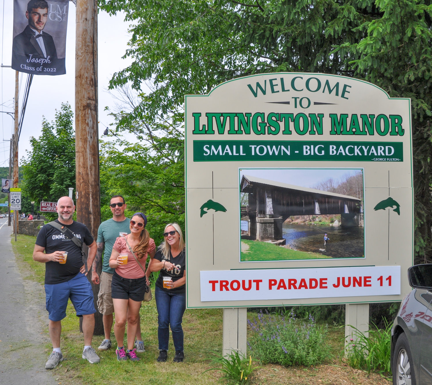Kathleen Richards, Pete Cozeolino, Amanda Dubester and Andrew Bellone (in no particular order) were excited to be visiting the Manor for their very first Trout Parade. "We'll definitely be back!" they enthused, even before the fishy fun had begun to swim down Main Street.